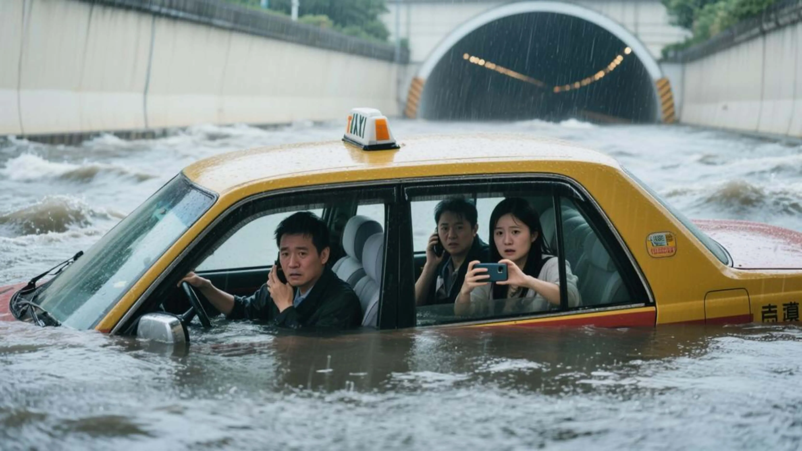 Underpass flooded, car doors won't open? She escaped a submerged taxi with this one trick!
