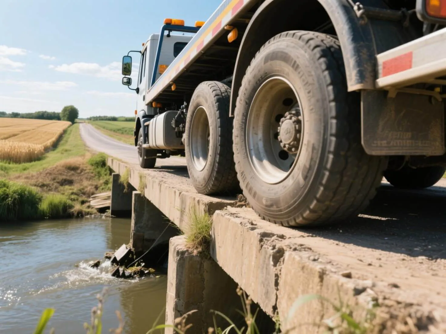 Tow truck driving on a farm bridge