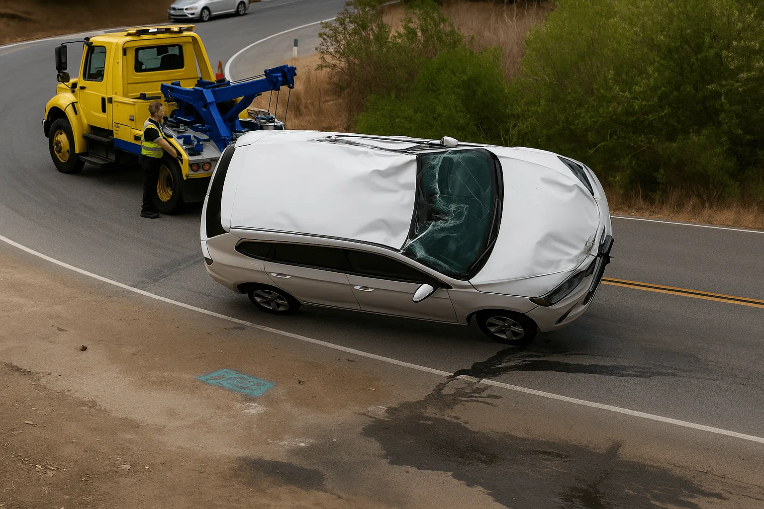 【Shocking Video Exposed】Tow Truck Driver's "Missed Action" Causes Car to Slide Off Cliff, Smashing Another Car!