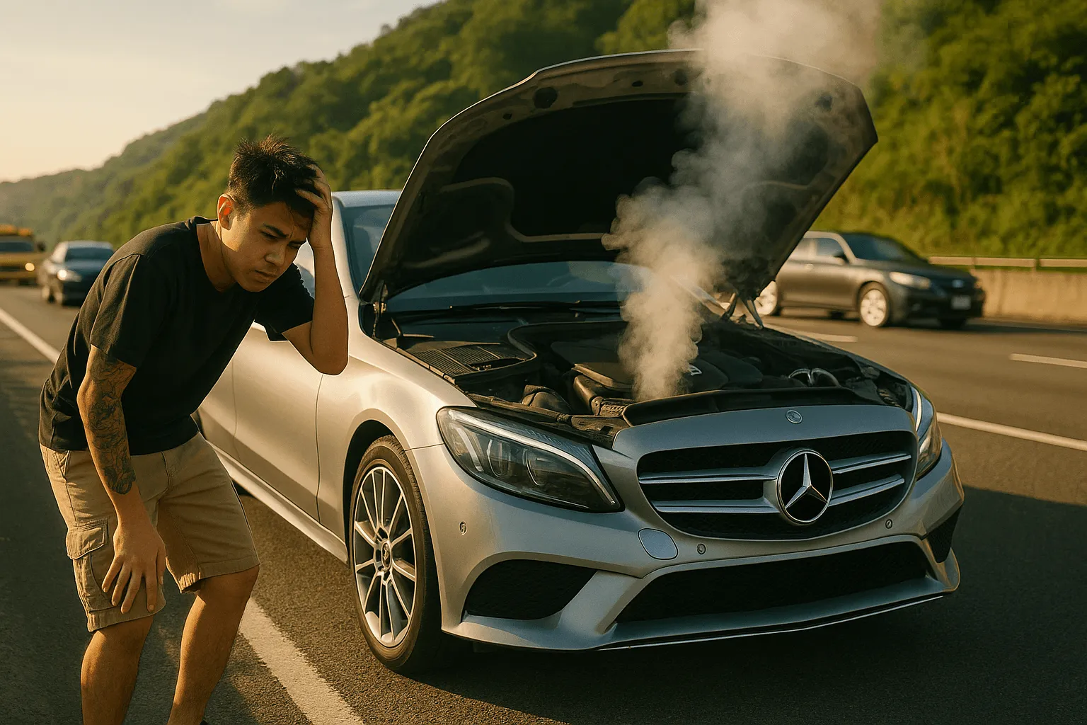 Vehicle broken down on the highway with smoke coming from the engine